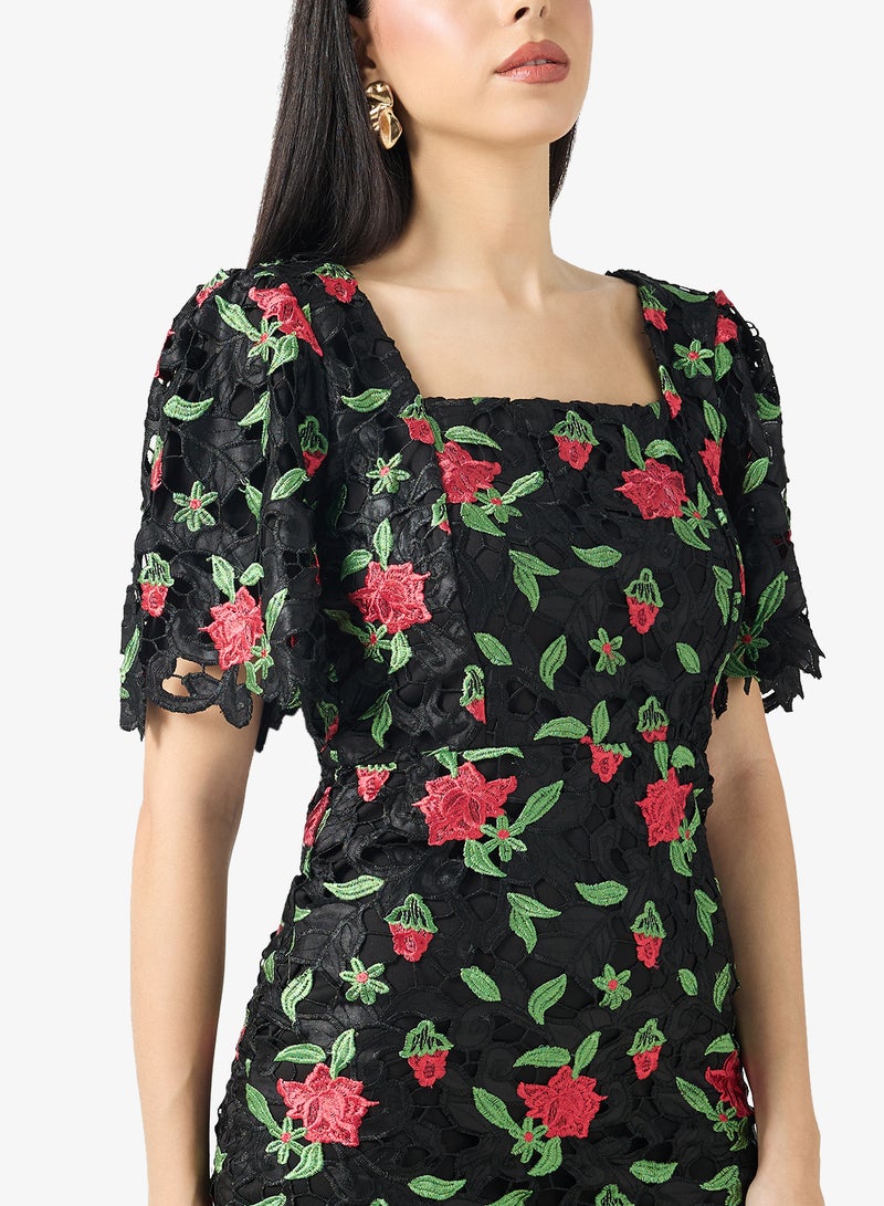 Just Me Floral Embroidered Lace Square Neck Flared Sleeve Scalloped Hem Mini Dress - Image 3
